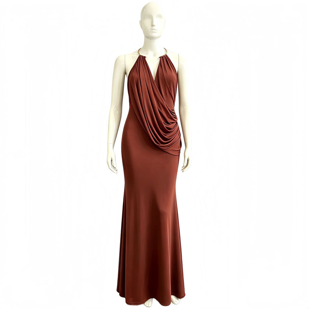 Womens Pleated Bodycon Dress with Ruffle Neck