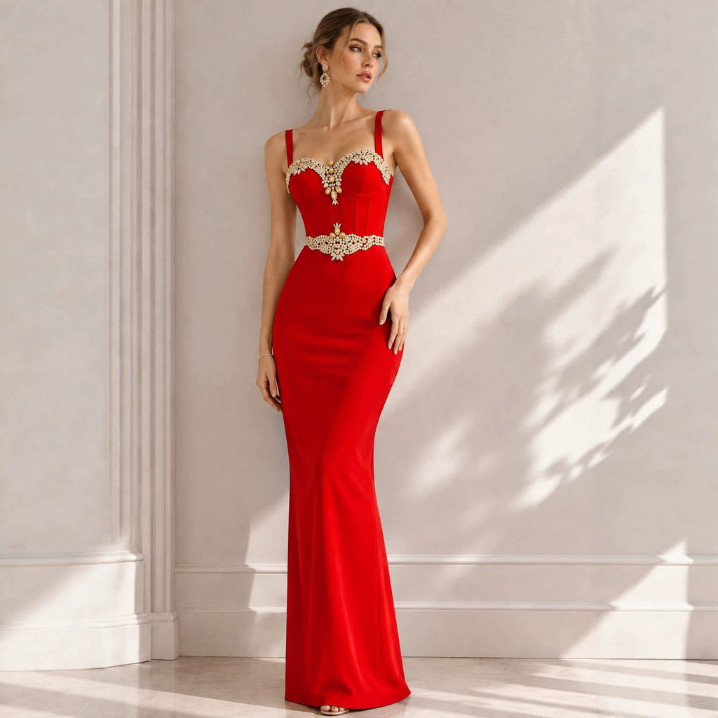 Strapless waist-cinching evening gown