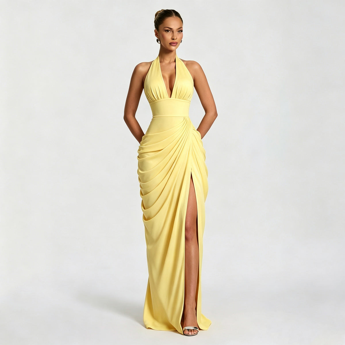 Women Halter V-Neck Pleated Bodycon Dress