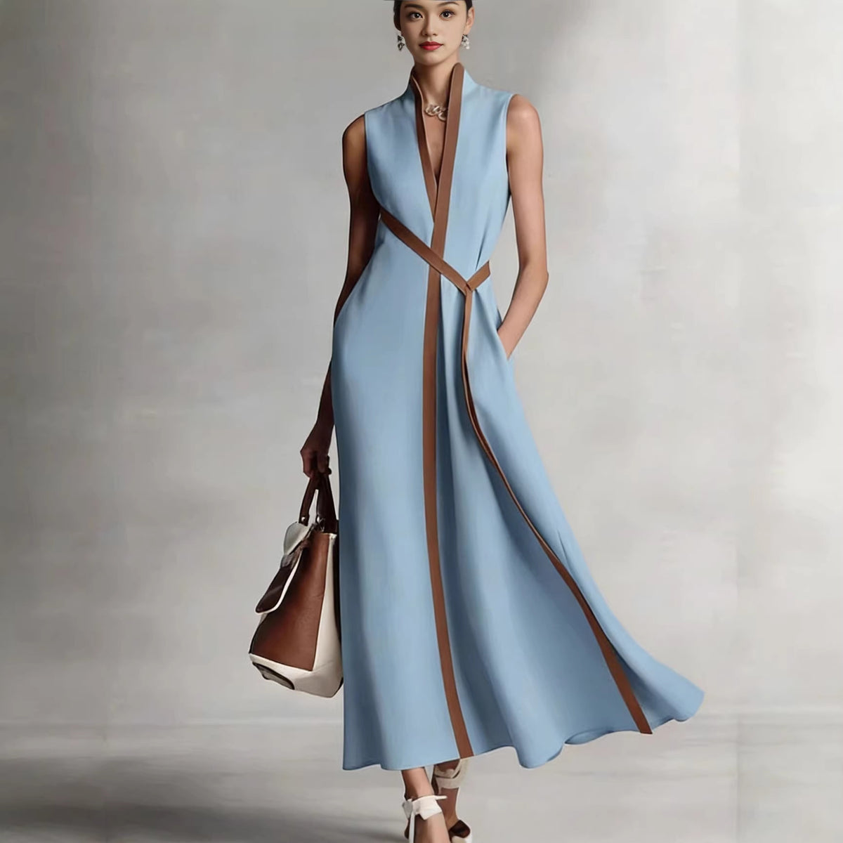 Stand Collar Sleeveless Color Block Loose Dress