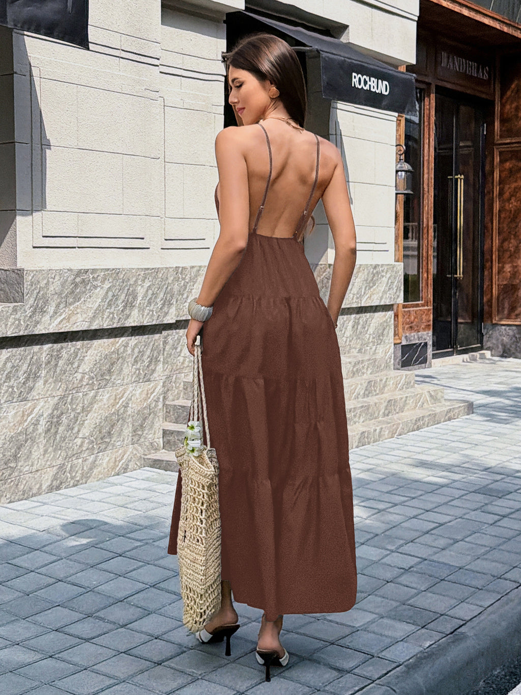 Womens Elegant Spaghetti Strap A-Line Long Dress