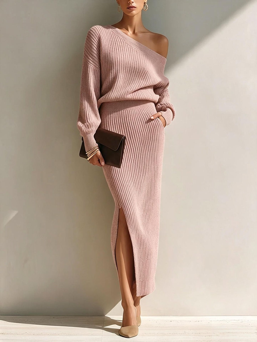 Women's Asymmetrical Shoulder Ribbed Knit Top and Slit Long Skirt Set