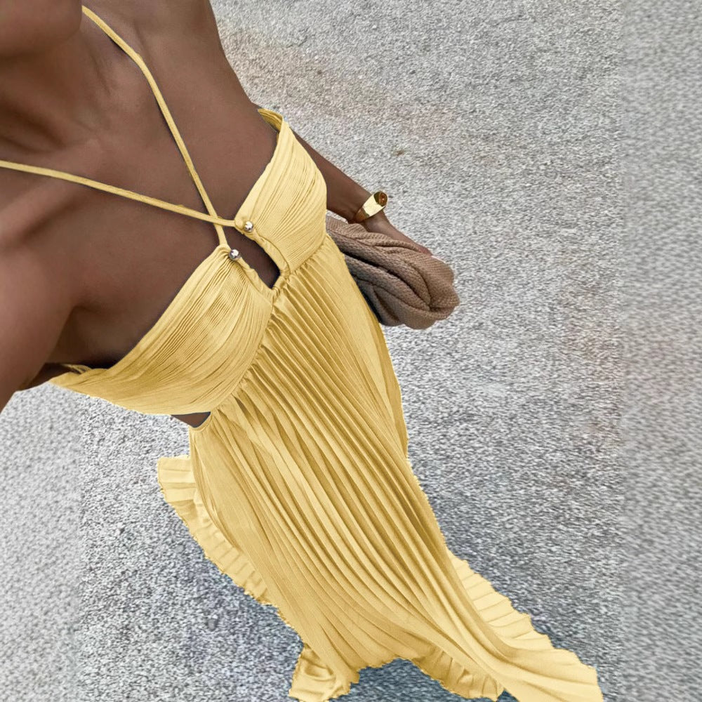 Solid Color Pleated Sleeveless Strap Dress