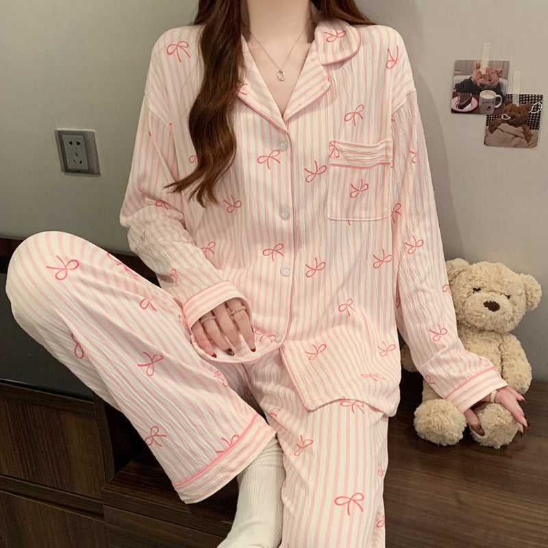 Womens Long Sleeve Pajama Set with Bow Design