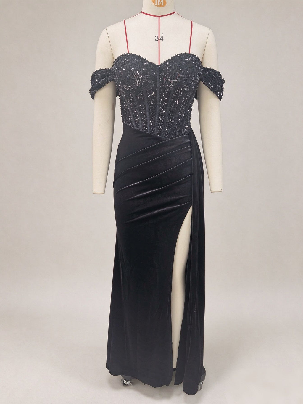 Off Shoulder Sequin Pleated Satin Evening Dress With Slit