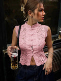 Women?s Solid Color Lace Hollow-Out Slim Fit Sleeveless Shirt