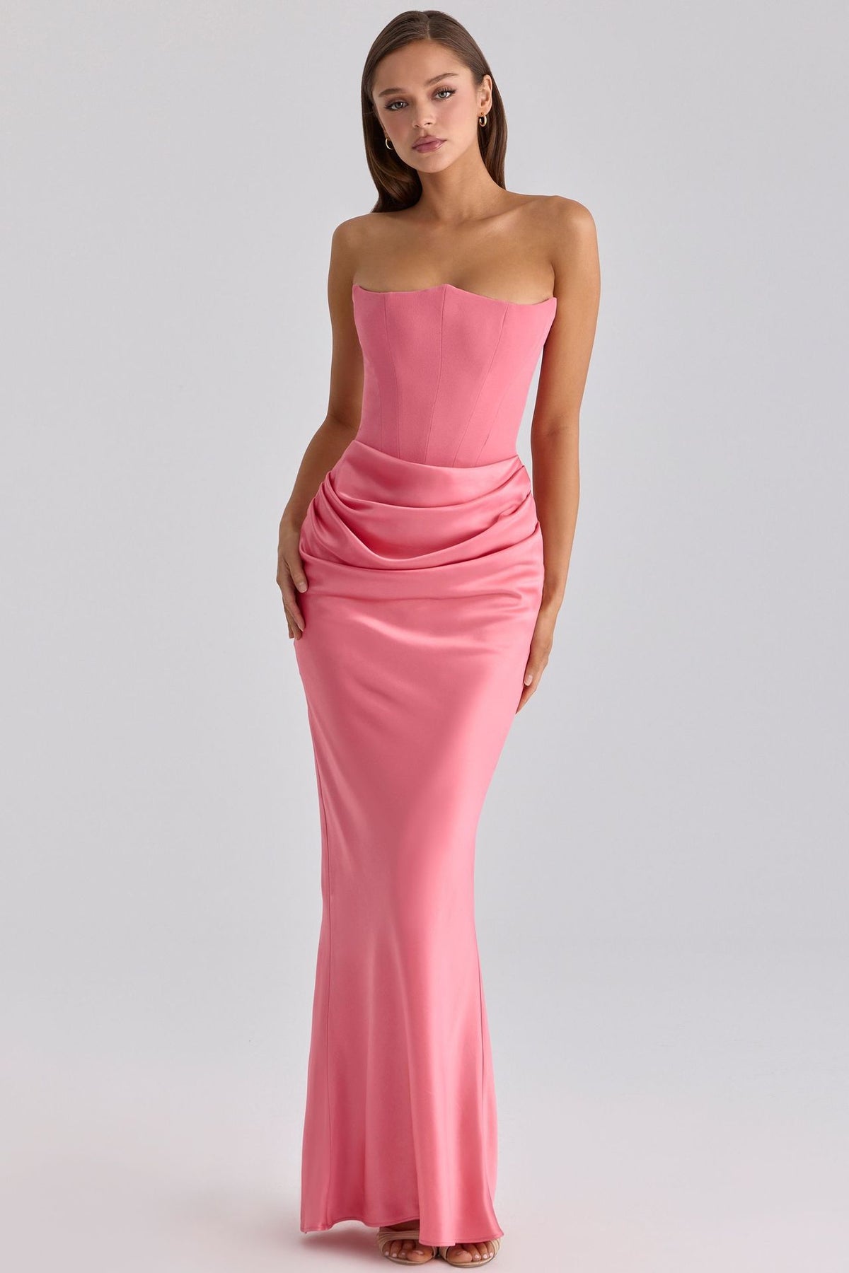 Women's Off-Shoulder Corset Pleated Bodycon Satin Maxi Dress
