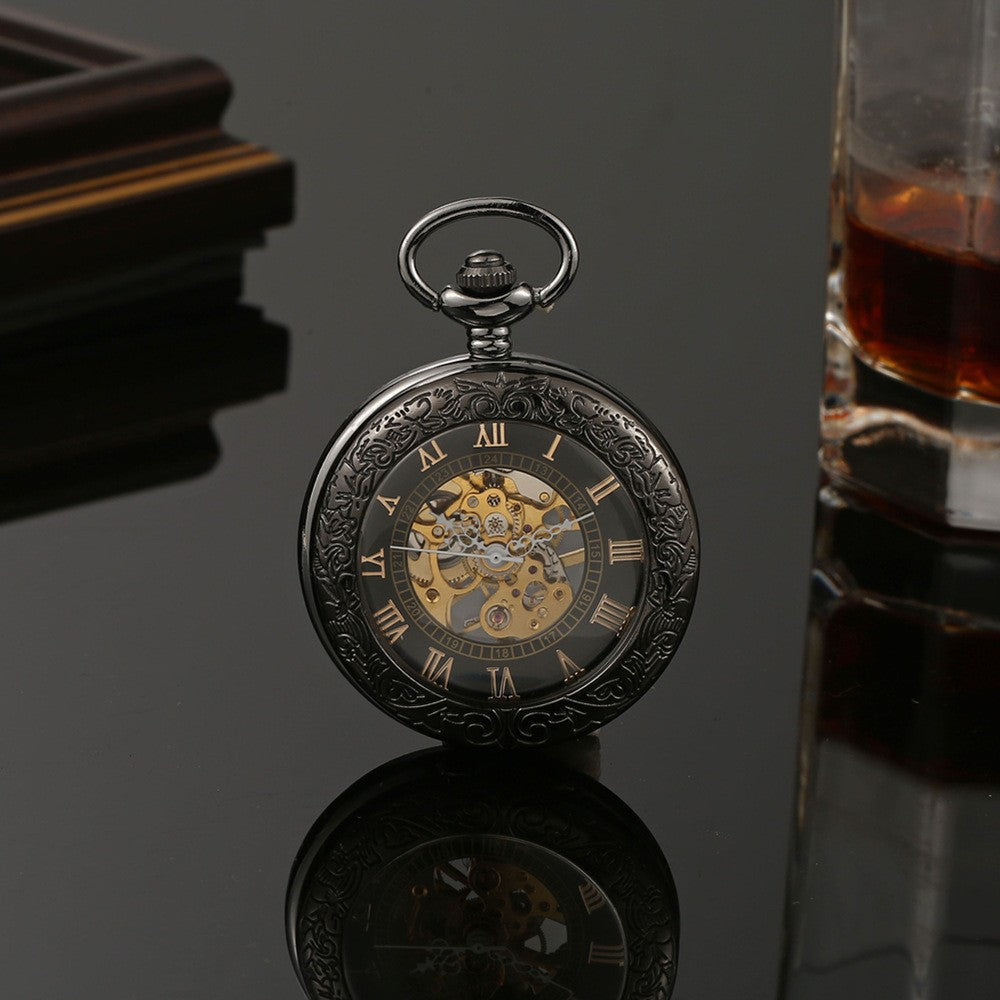 Engraved Mechanical Pocket Watch with Alloy Chain