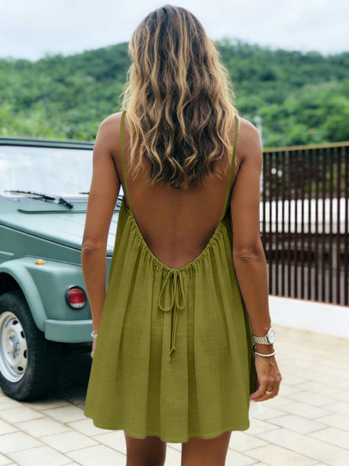 Womens Ruched Backless Ice Silk Short Dress