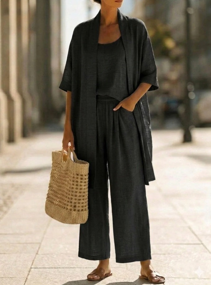Women Summer Cotton Linen Solid Color Three Piece Cardigan Set Casual Pants Suit