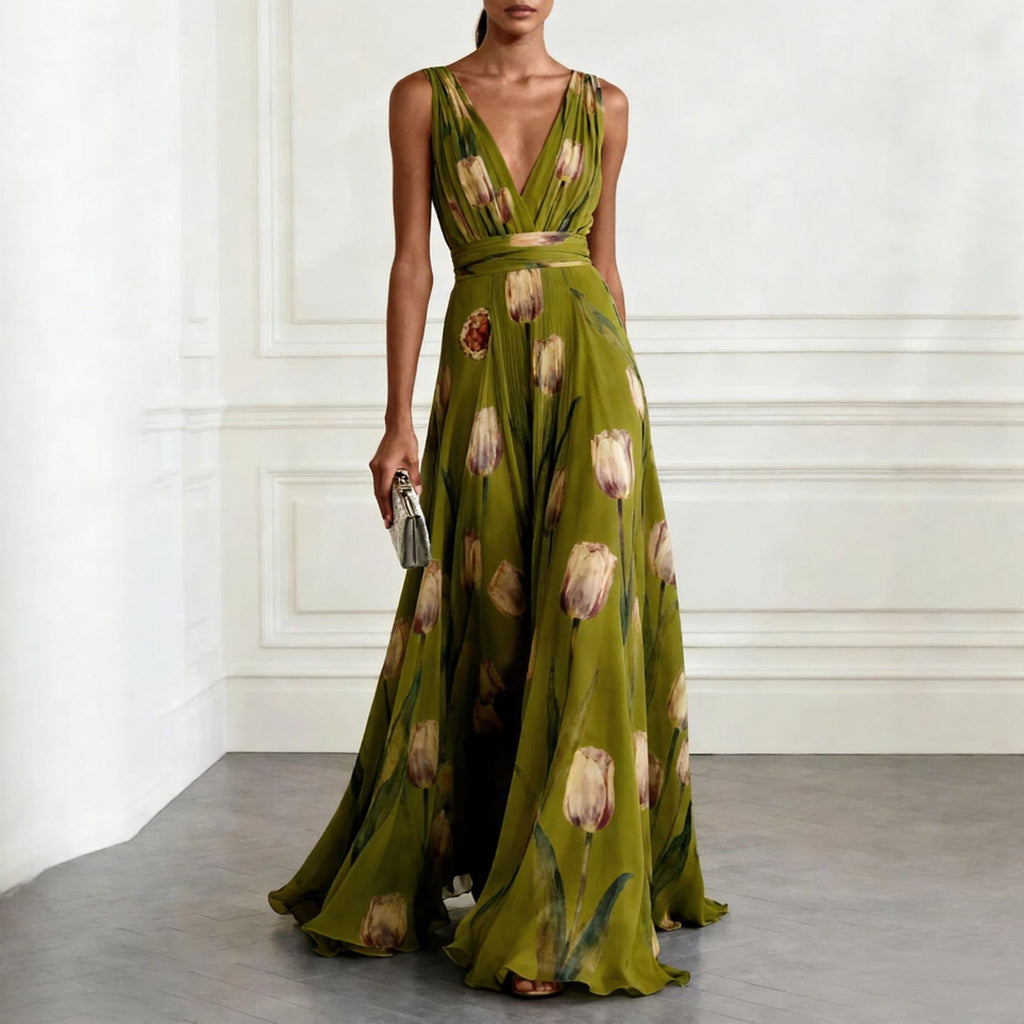 Elegant Floral Print V-Neck Long Dress