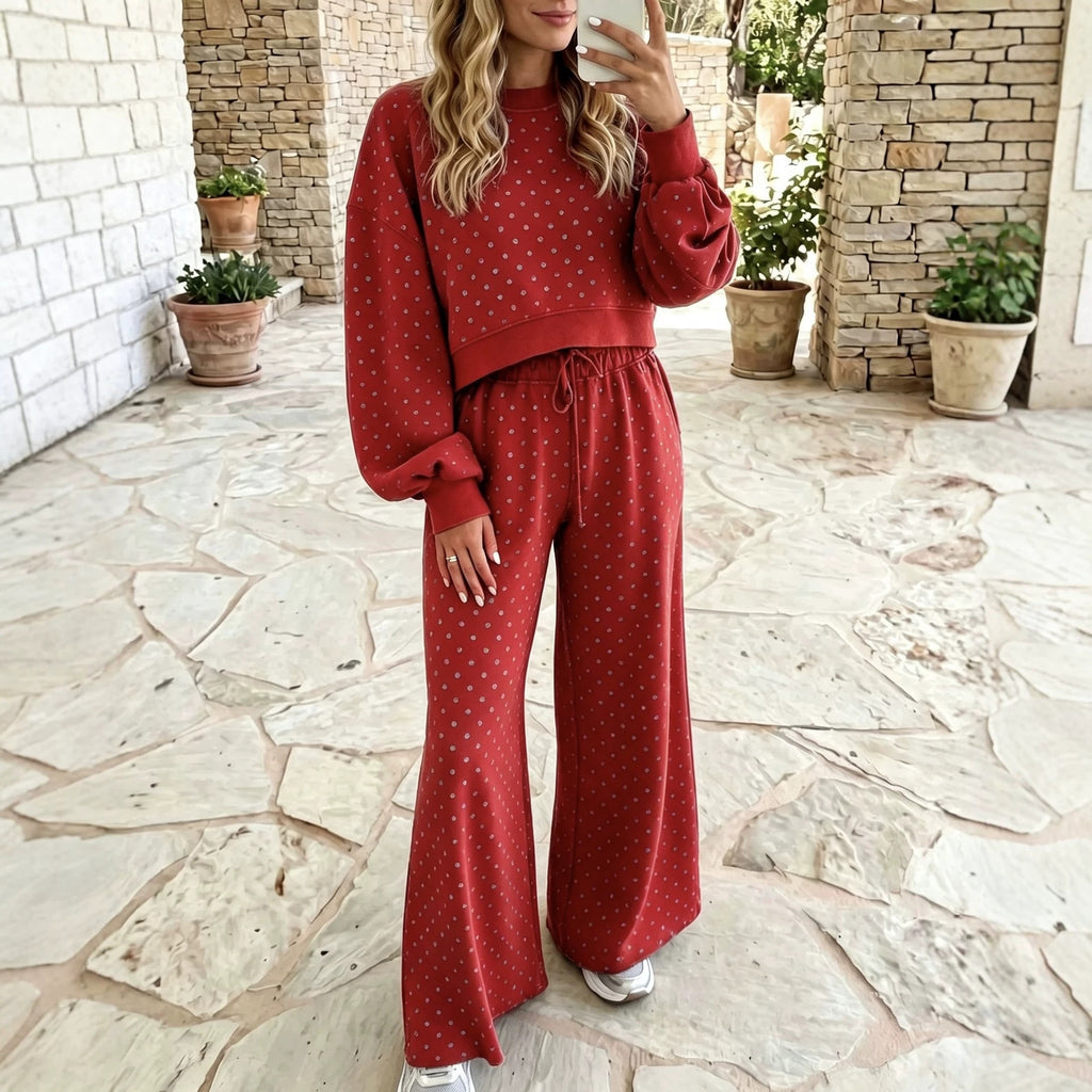 Women's High-Waisted Polka Dot Print Knit Sweatshirt and Wide Leg Pants Set