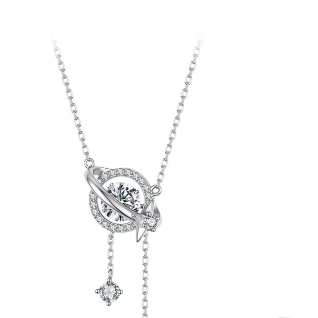 S925 Sterling Silver Dynamic Planet Pendant Necklace with 1 Carat Moissanite