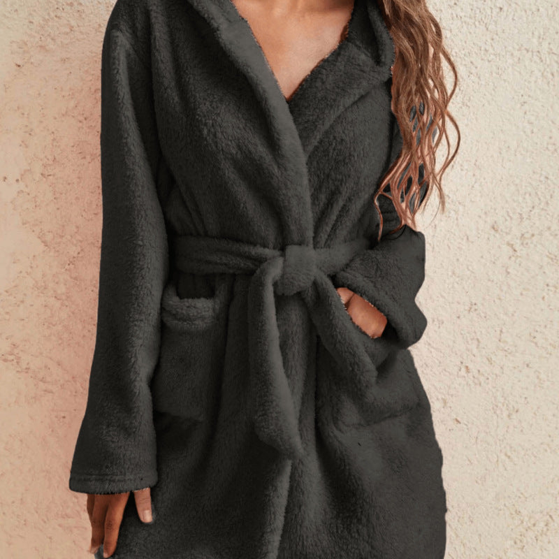 Women's Flannel Coral Fleece V-Neck Long Bathrobe