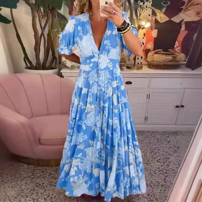 Floral V-Neck Elastic Waist Dress