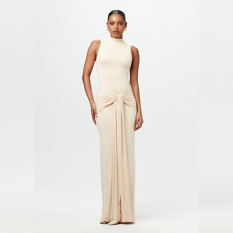 Elegant Solid Color Sleeveless Waist Strap Dress