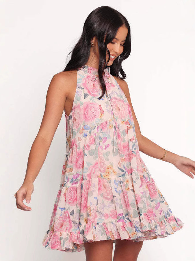 Halterneck Sleeveless Printed A-Line Dress