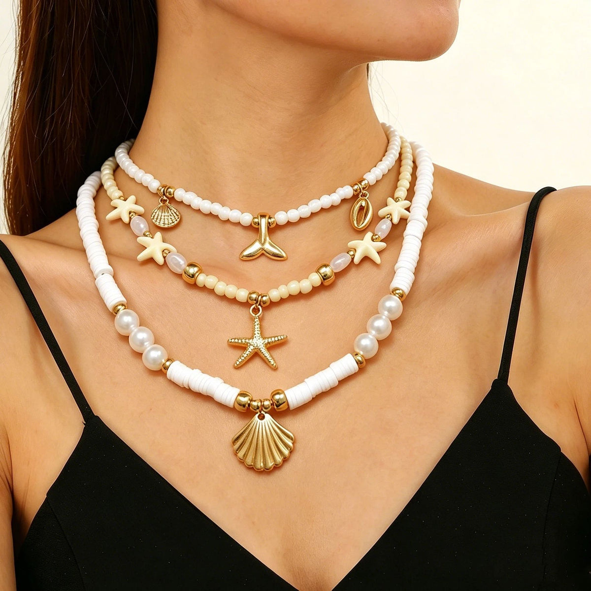 Layered Shell Pearl Starfish Pendant Bohemian Necklace