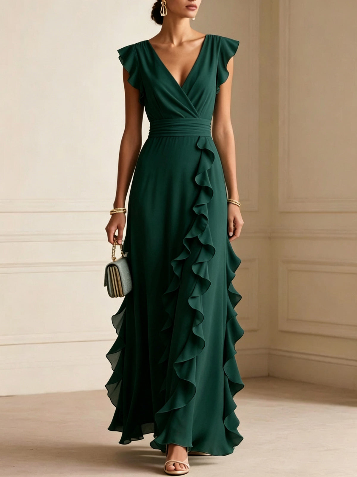 Solid Color, Ruched, Short-Sleeve, V-Neck, Dress, Chiffon Gown