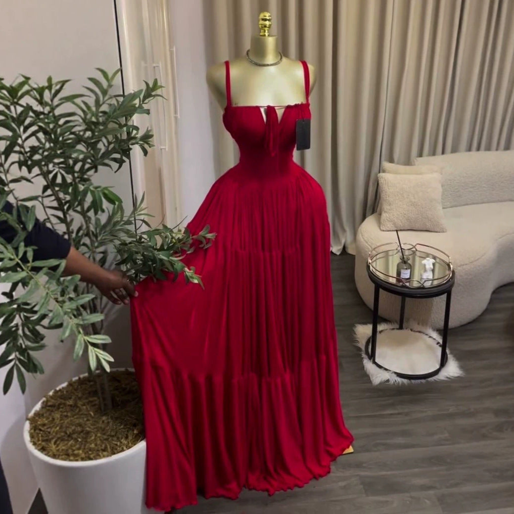 Elegant Pleated High-Waisted Long Dress with Straps