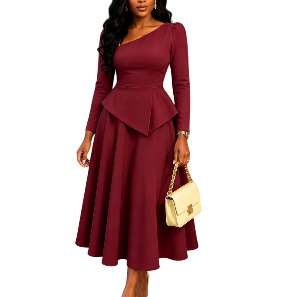 Women's Slanted Neckline Ruffled Waist Midi Dress