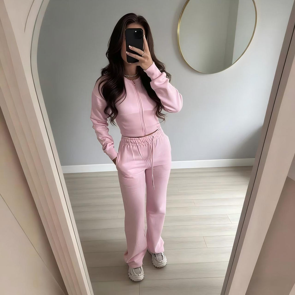 Women's Casual Zipper Hoodie and Straight Pants Set
