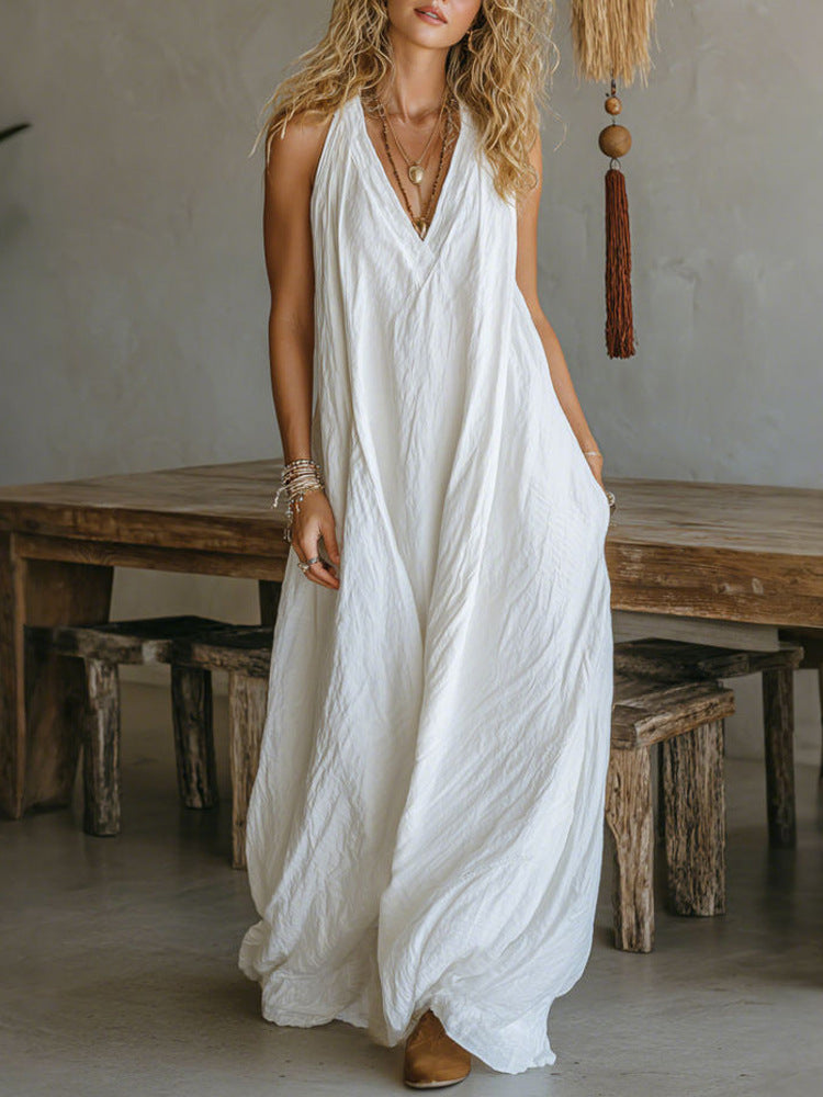 Sleeveless Casual Cotton Linen Dress with Pockets
