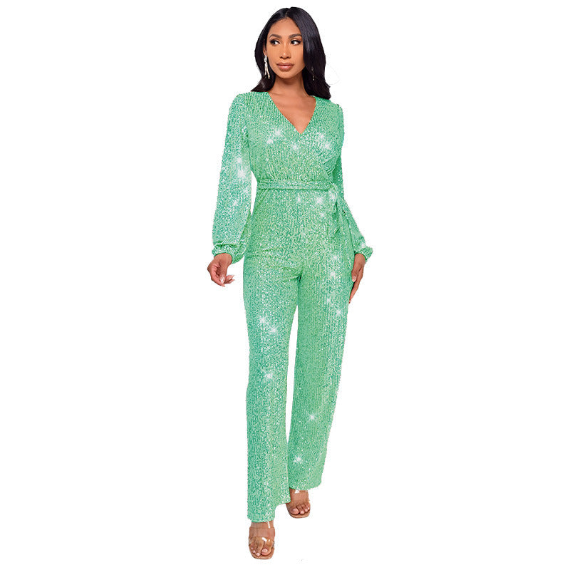 Women's Long Sleeve Deep V Neck Jumpsuit with Sequined Belt