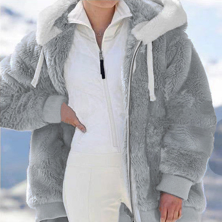 Womens Loose Fit Plush Zipper Hooded Jacket
