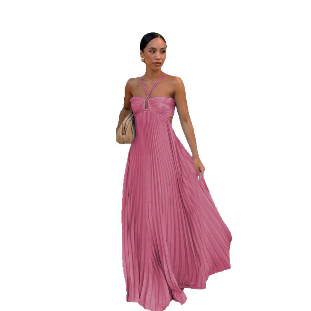 Solid Color Pleated Sleeveless Strap Dress
