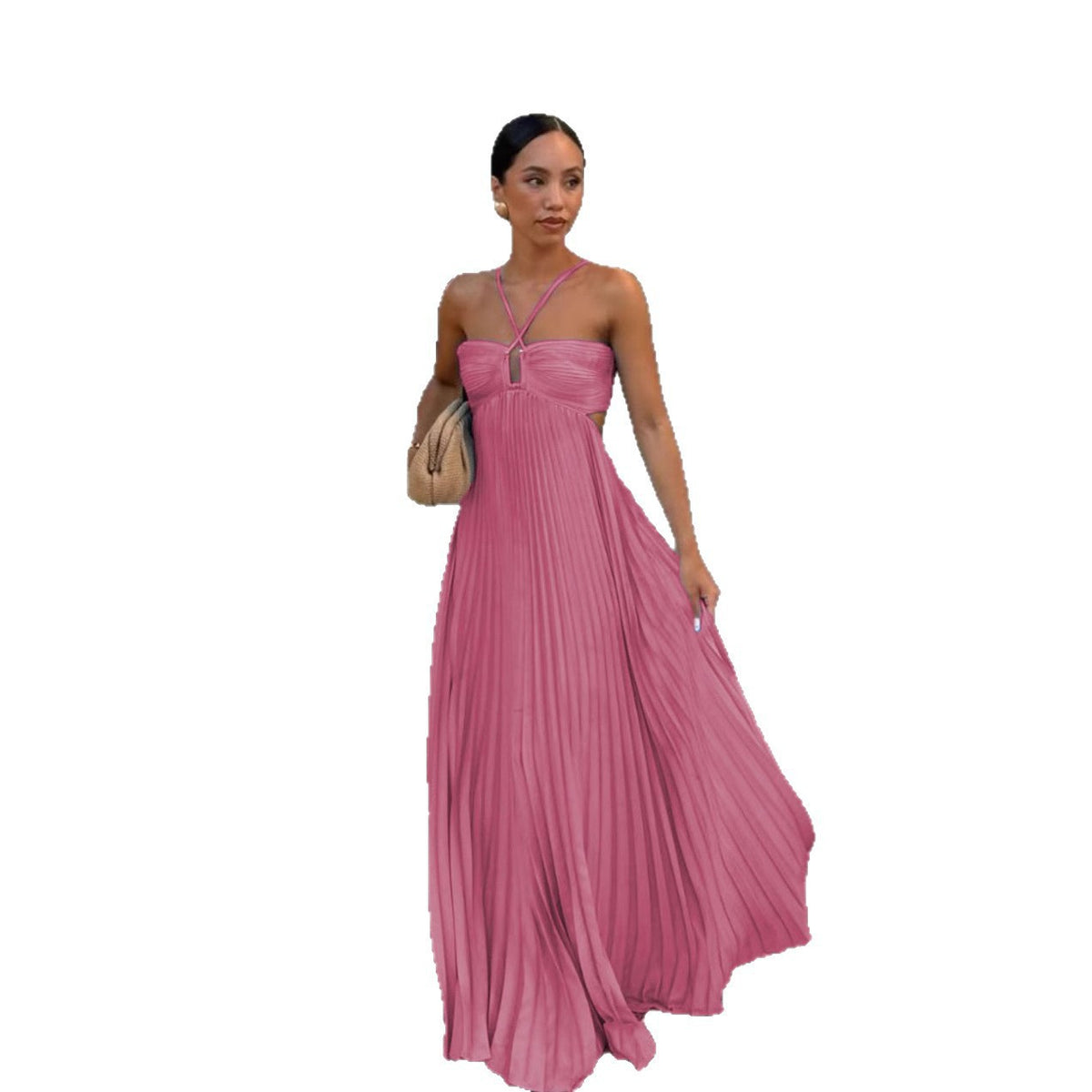 Solid Color Pleated Sleeveless Strap Dress