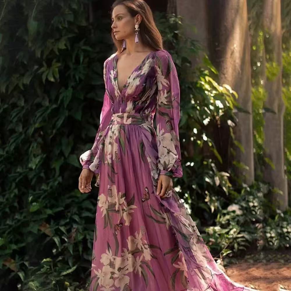 Womens V-Neck Long Sleeve Printed Dress