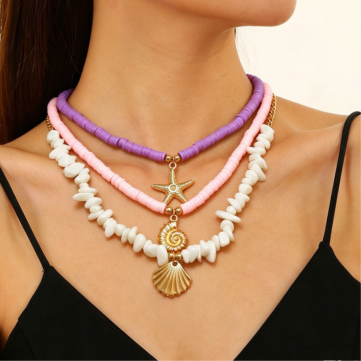 Layered Shell Pearl Starfish Pendant Bohemian Necklace