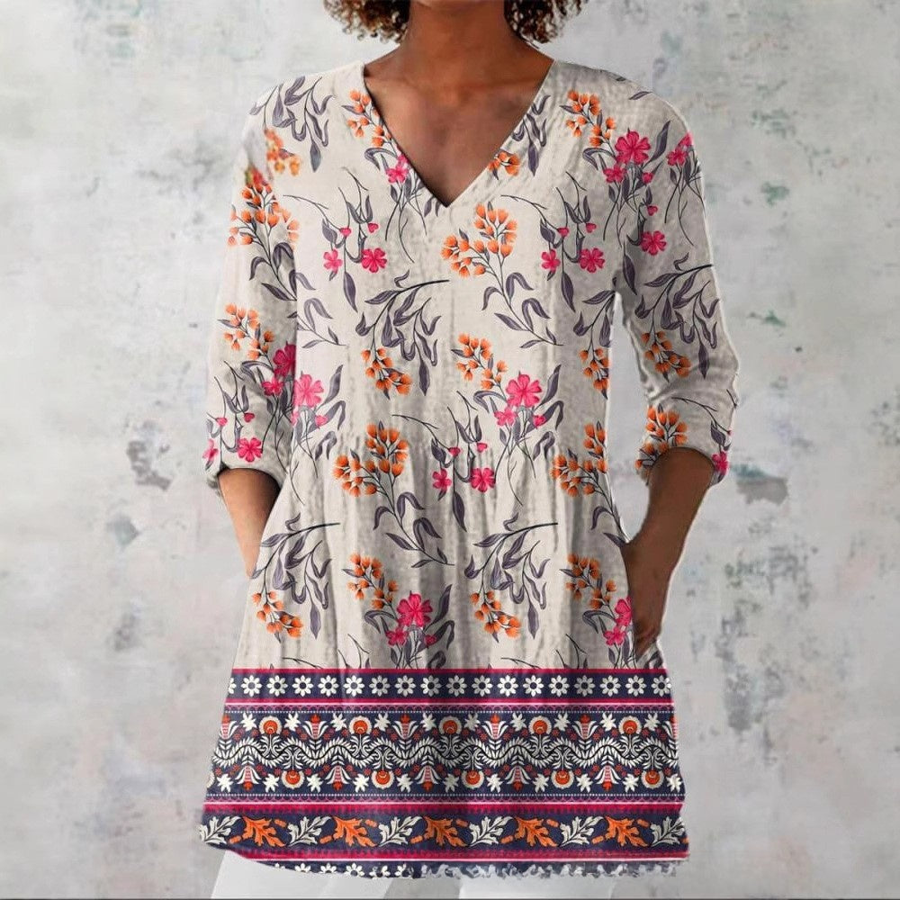Womens 3D Printed Loose V-Neck Short Sleeve Dress