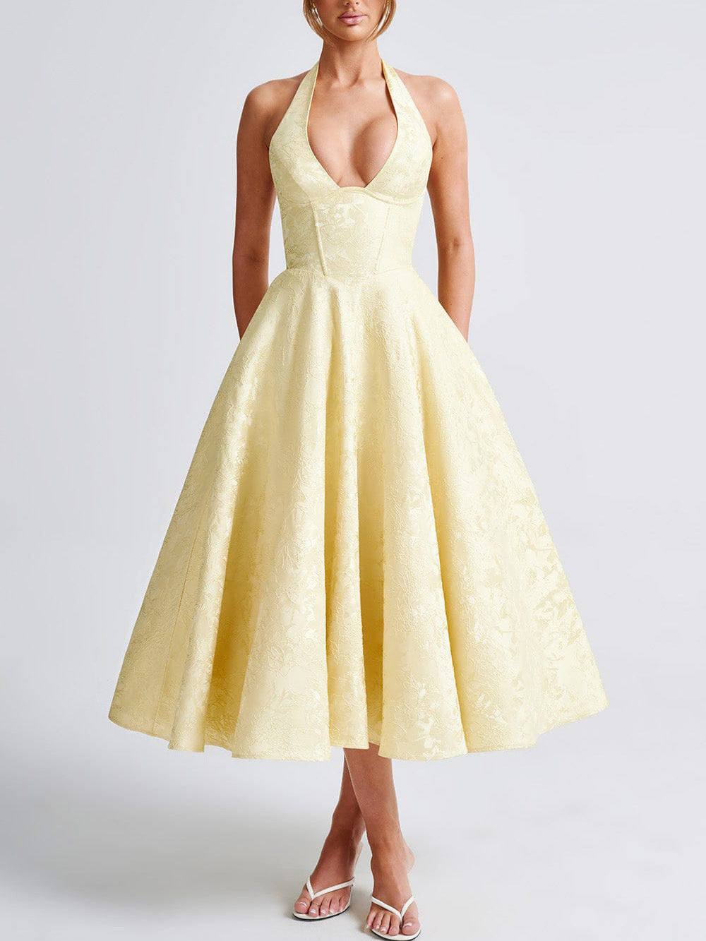 V-Neck Halter Jacquard Evening Dress