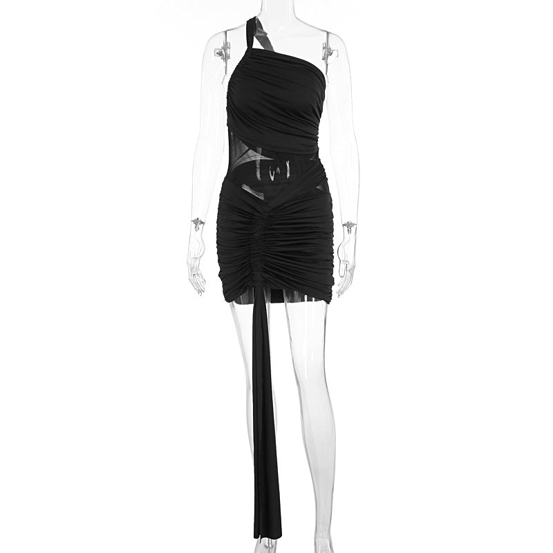 Women's Personalized Single Slanted Shoulder Ribbon Pleated Dress