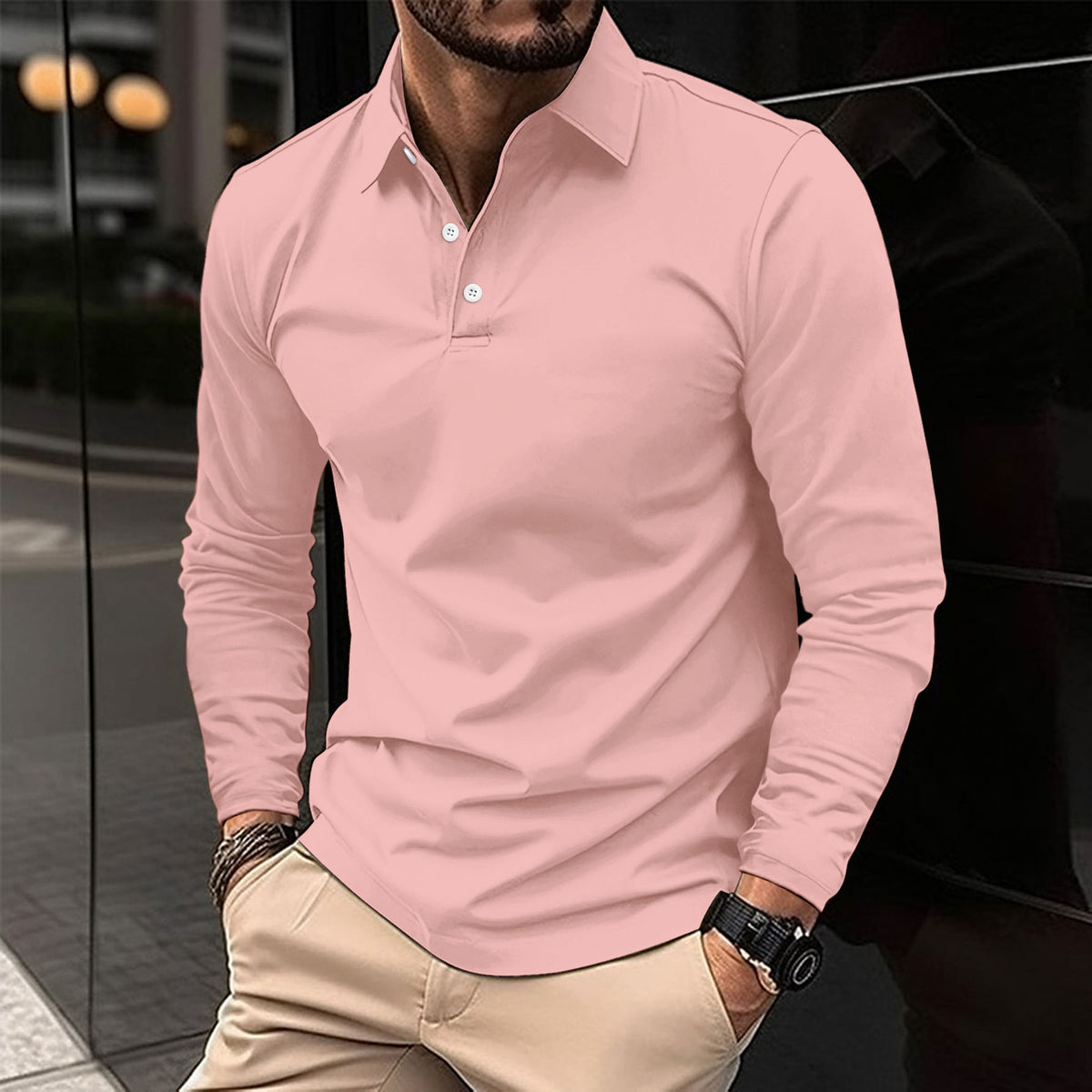 Mens Long Sleeve Solid Color Polo Shirt Casual Cotton Blend Button Down