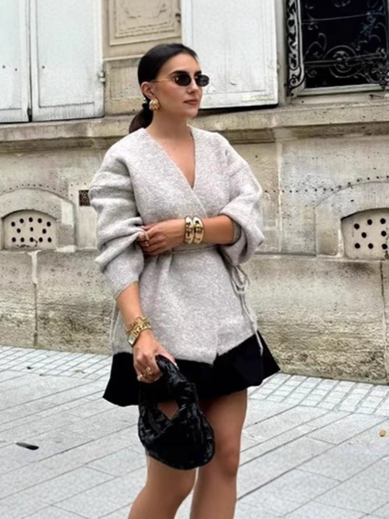 Women's Two-Color Lace-Up Long Sleeve V-Neck Cardigan Sweater