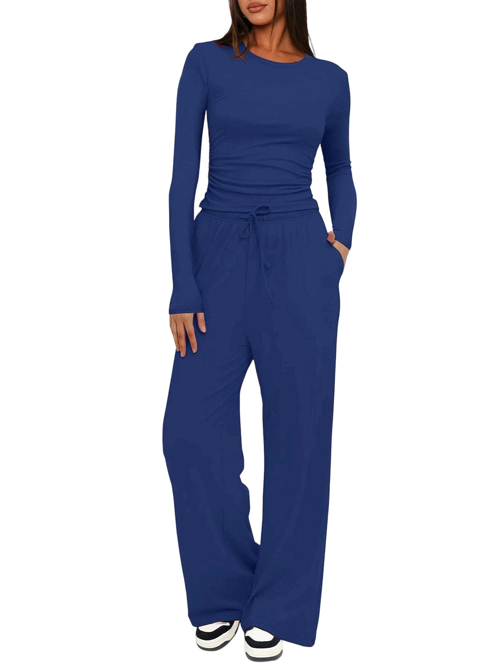 Solid Color Long Sleeve Top and High Waisted Wide Leg Pants Sportswear Set