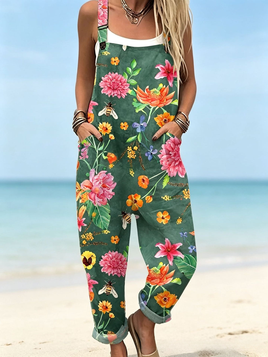 Women's sleeveless printed long-style drawstring pants
