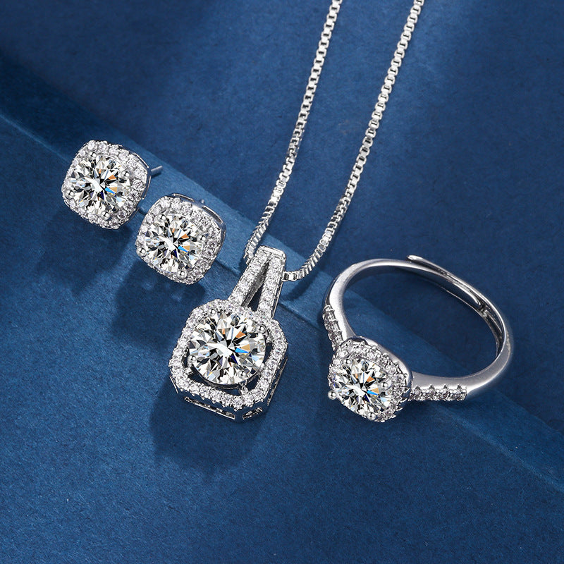 Luxury Square Zircon Ring Earrings Necklace Set