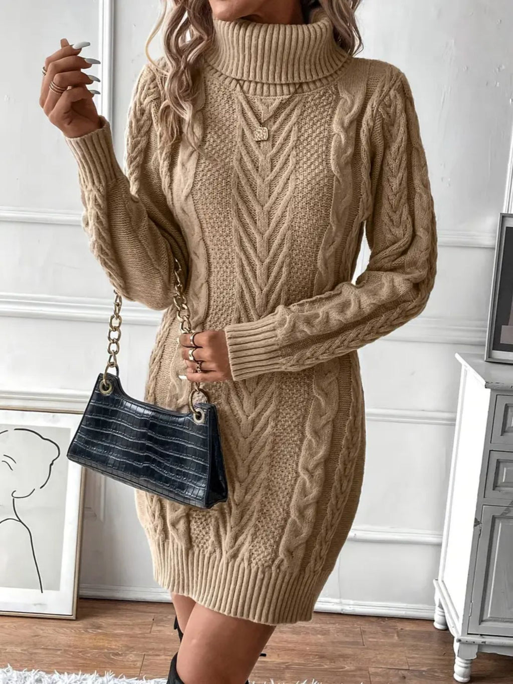 Women's Elegant Twist Knit High Neck Long Sleeve Bodycon Sweater Dress