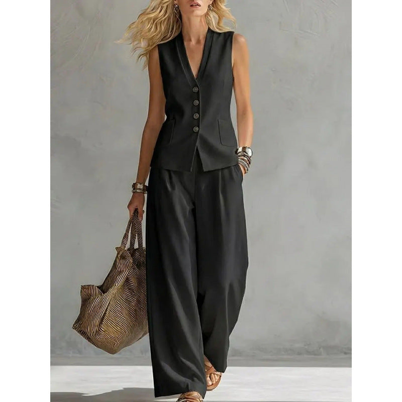 Women Solid Color Sleeveless Linen Vest and Pants Set
