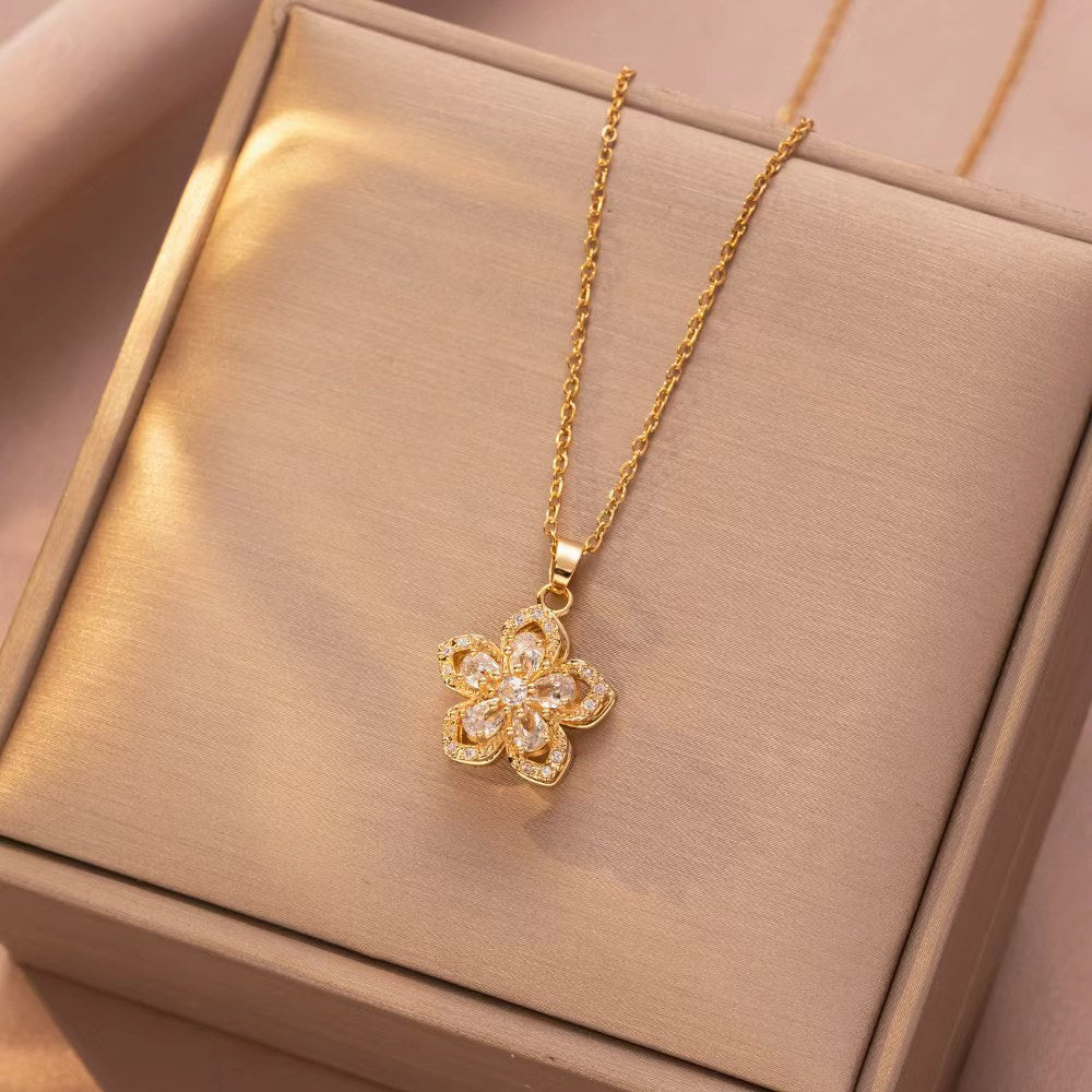 Rotating Bauhinia Flower Zircon Necklace