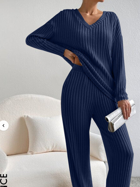 Women's V-Neck Ribbed Knit Two-Piece Set
