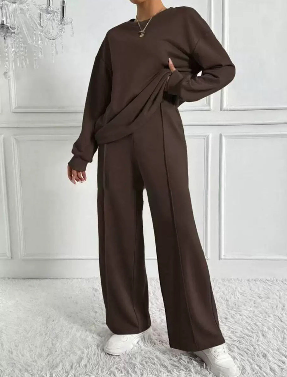Women's Solid Color Round Neck Long Sleeve Pants Suit Casual Two-Piece Set