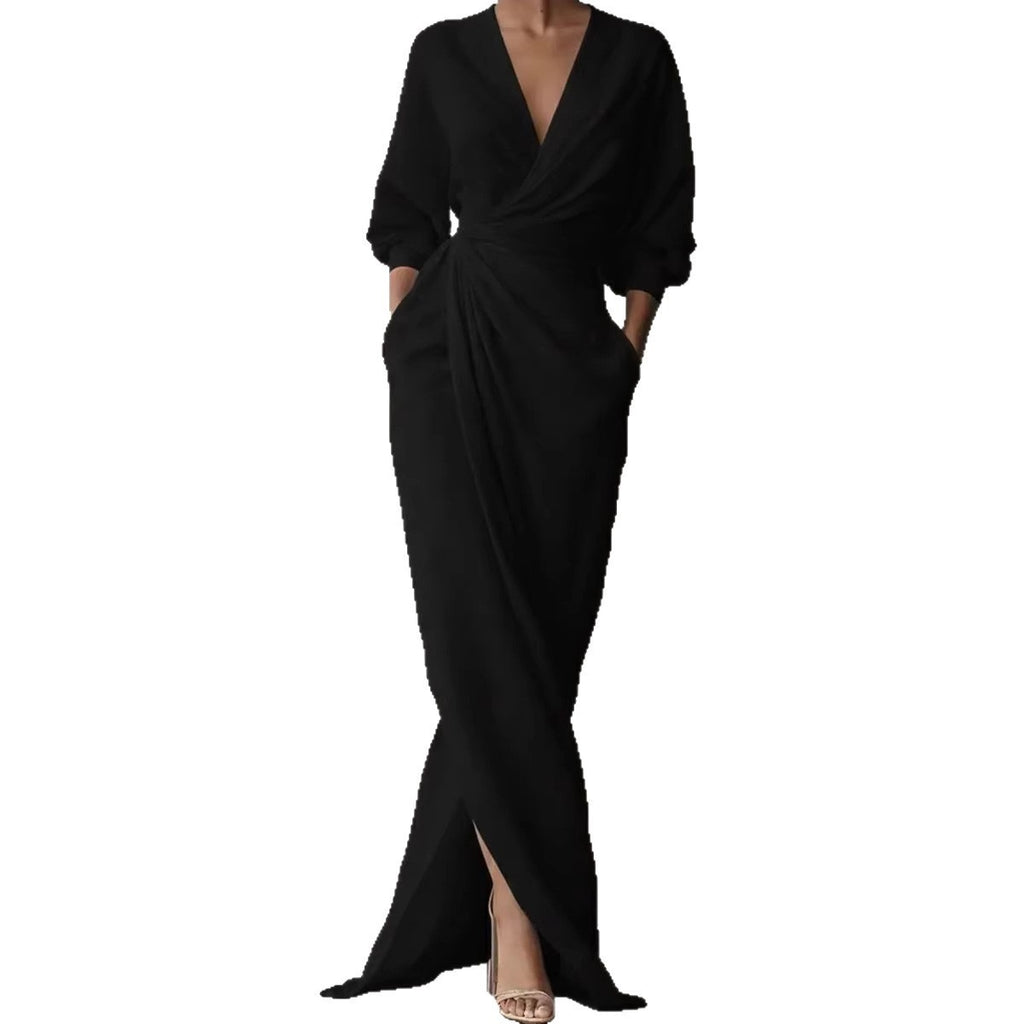 Solid-color V-neck long-sleeve slit waist-cinching dress with pockets