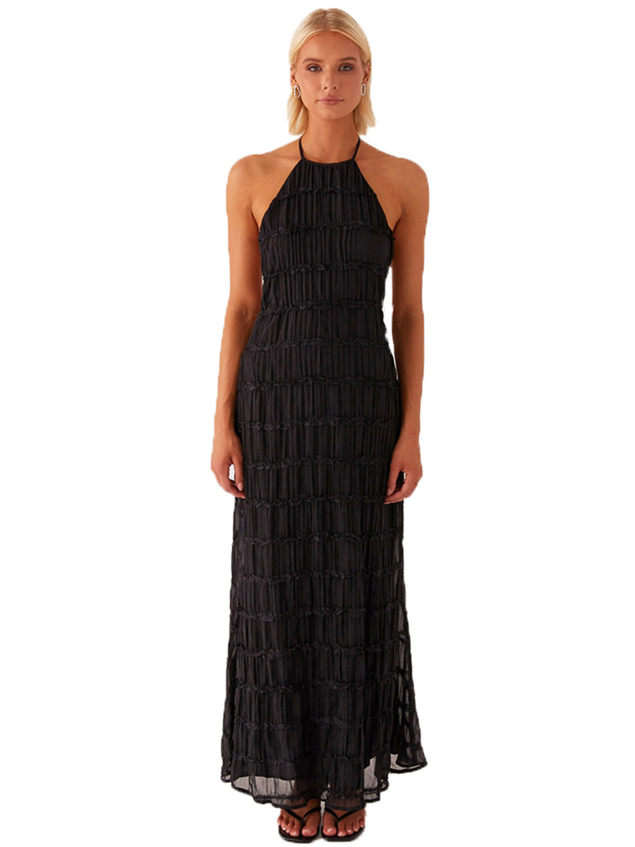 Womens Backless Pleated Long Dress