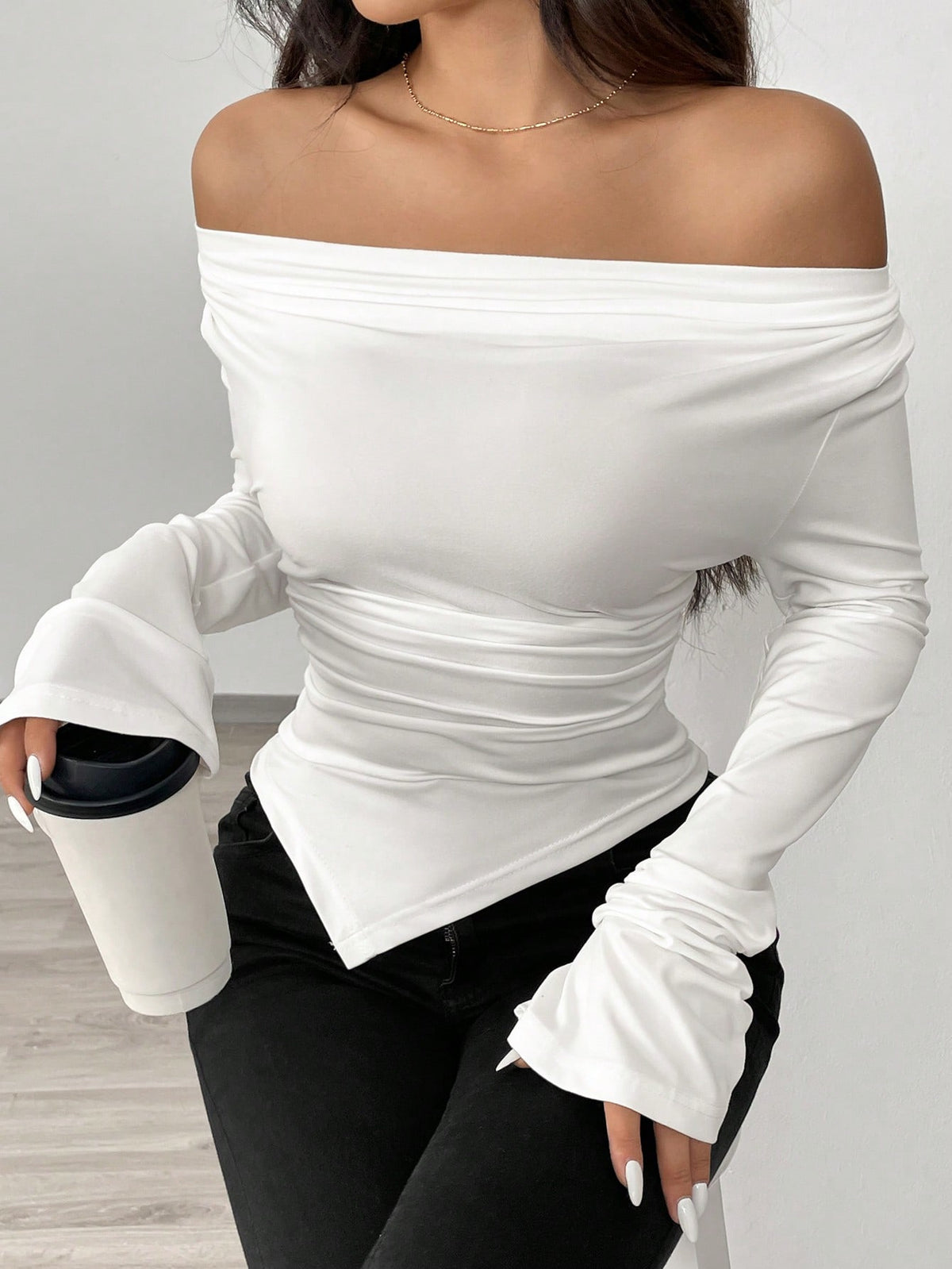Women's Off-Shoulder Long Sleeve Ruched Slim Fit Knit Top
