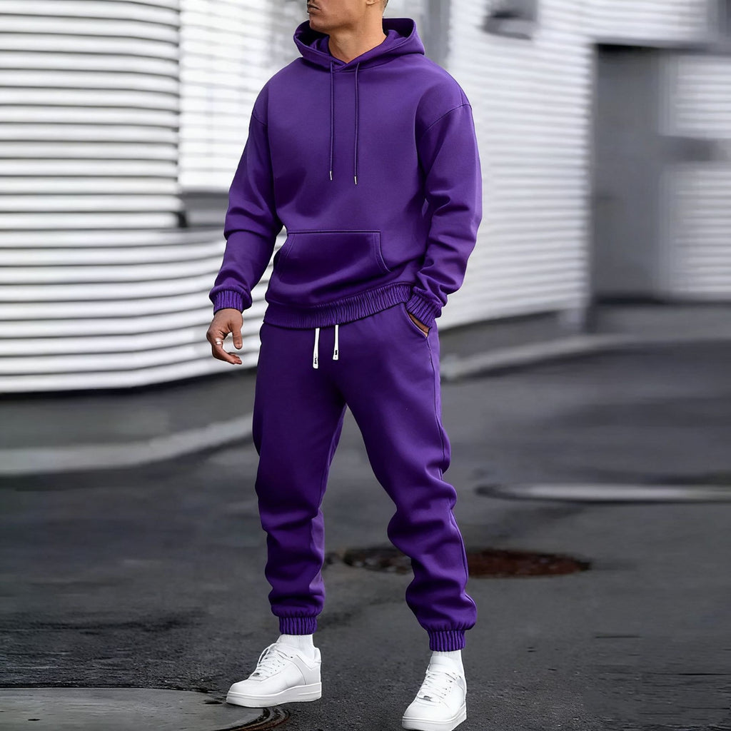 Mens Solid Color Hooded Sweatshirt and Pants Set